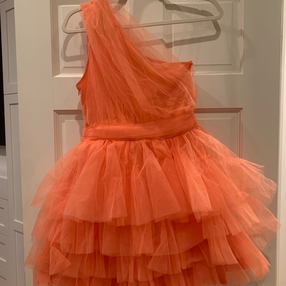 Size 4 - One shoulder ruffle tulle dress in pretty peach